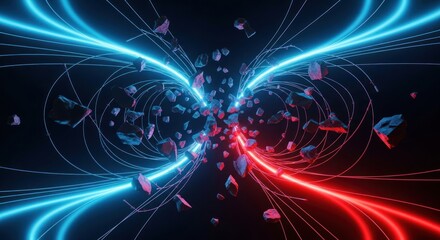 Abstract digital art of energy beams and particles in space.