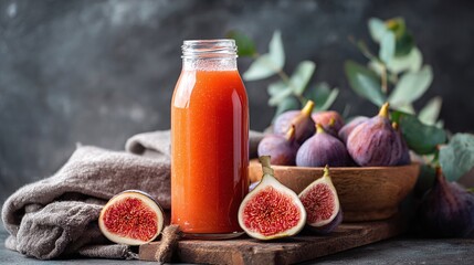 Capture the vibrant essence of fig season with a bottle of fresh fig juice, paired with sliced figs, all presented on rustic wood for a natural, healthy treat.