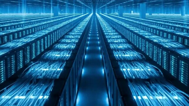 Futuristic blue data center server racks with glowing fiber optic cables and digital light beams creating an abstract network flow of information and technology - Powered by Adobe