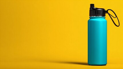Aqua hydration:  A minimalist image showcases a turquoise water bottle against a striking yellow background, ideal for capturing the essence of health and everyday carry.