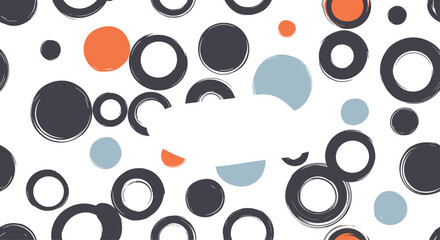 Abstract background featuring a dynamic arrangement of overlapping circles in shades of gray, blue, and orange, creating a modern and playful design.