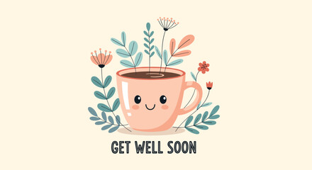 Charming illustration of a smiling mug filled with plants and flowers, with a 'get well soon' message, perfect for cards and cheerful greetings.