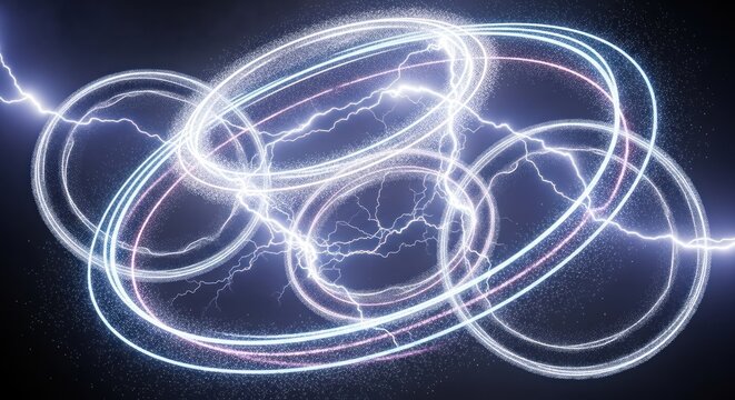Abstract Electric Energy Rings with Lightning Effects on Dark Background.