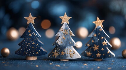 Festive arrangement of three stylized Christmas trees adorned with stars and glittering accents, set against a softly blurred, elegant backdrop, radiating holiday cheer.