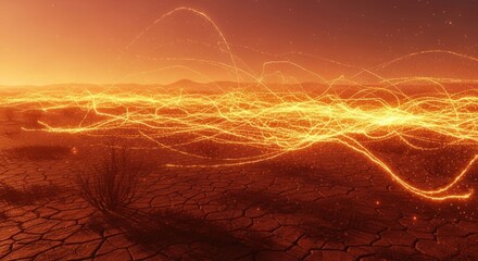Abstract fiery landscape with glowing energy lines and horizon.