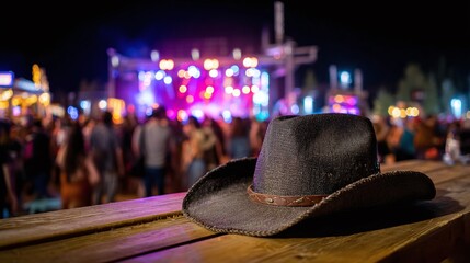 Western vibes at the festival! A cowboy hat sits on a wooden table, the crowd blurred in the background enjoying the music and lights. A night to remember. Yeehaw!