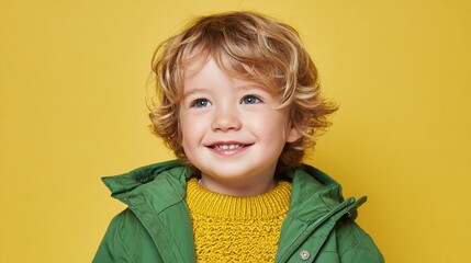 Adorable young boy with curly hair, blue eyes, and a bright smile, wearing a green jacket and yellow sweater against a solid yellow background. Innocence and joy.