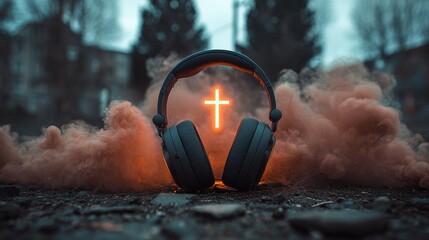 Headphones on rugged terrain, backlit by a cross amidst a cloud of reddish smoke, create a striking contrast of technology, faith, and the raw beauty of the urban outdoors.