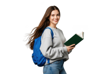 Young woman with long flowing hair wearing a grey sweatshirt blue backpack and jeans holding an open book isolated on transparent background
