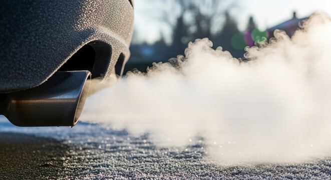 Car exhaust in cold air illustrates icy winter driving conditions. Dense car exhaust is visible in the chilling temperatures, creating a stark visual of combustion byproducts. - Powered by Adobe