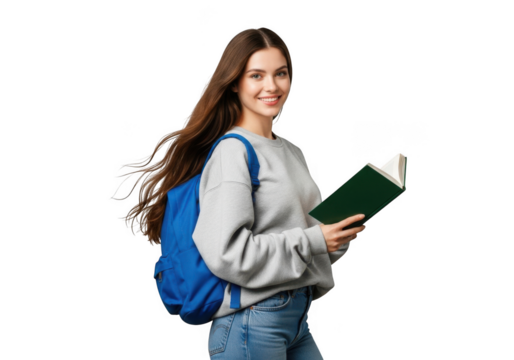 Young woman with long flowing hair wearing a grey sweatshirt blue backpack and jeans holding an open book isolated on transparent background