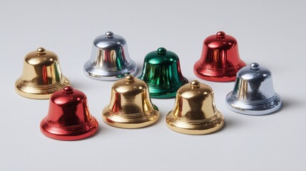A vibrant array of metallic bells in gold, silver, red, and green hues creates a festive atmosphere. Perfect for adding a touch of cheer to any celebration! Holiday bells.