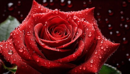 vibrant red rose covered in water droplets