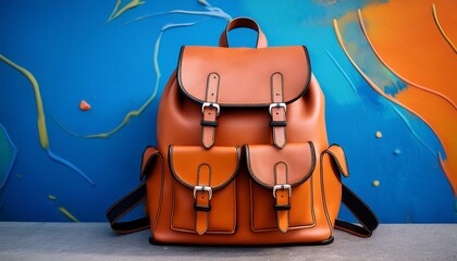 a vibrant orange leather backpack rests against a stunning blue and orange abstract painted wall