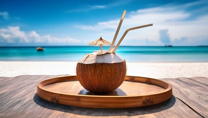 tropical coconut drink on a tray by the sea