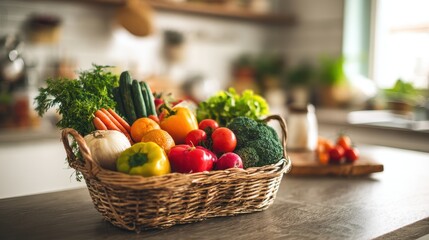 Fresh vegetables in a wicker basket on a kitchen counter