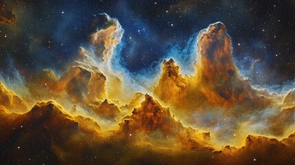 Bright celestial clouds swirl in vibrant colors, showcasing the beauty of the universe