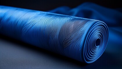 rolled textured blue material with subtle pattern elegantly displayed on a dark surface