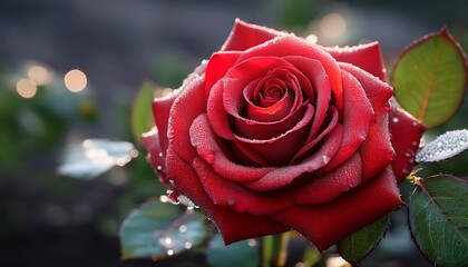 vibrant red rose blossom with fresh dew drops