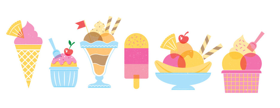 Risograph style print of various ice cream treats for summer fun designs