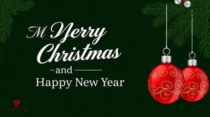 Merry christmas and happy new year greeting with red ornaments and pine branches