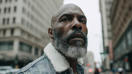 An older man with a salt and pepper beard stands in a city street wearing a denim jacket with a fleece collar. Buildings loom in the background under a cloudy sky.