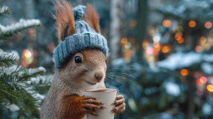 Squirrel in a knitted hat with a cup, nestled amidst a softly lit forest, evoking a sense of warmth and whimsy on a cold day. A moment of winter magic caught.