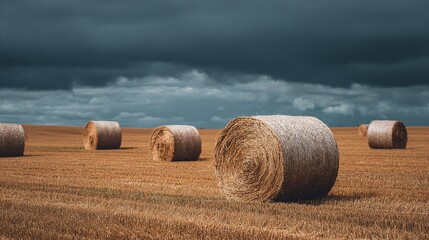 Golden hay bales rest in a field under a dramatic, stormy sky, evoking a sense of calm before the storm in the picturesque countryside harvest.