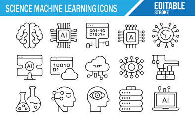 Collection of Machine Learning Technology Icons with Data Processing, Automation, Neural Networks, and AI Tools