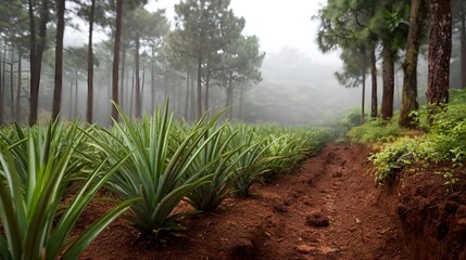 Young pine plants grow in red soil within a misty pine forest plantation