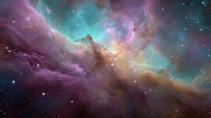 Vibrant cosmic nebula with swirling colors and distant stars