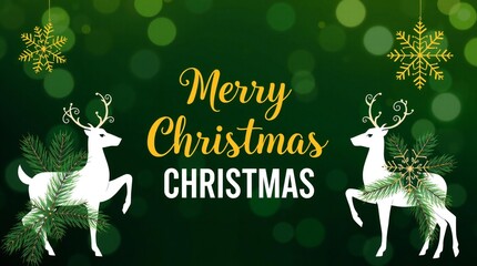 Elegant merry christmas greeting with reindeer and snowflakes on green background