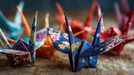 Colorful origami cranes arranged artistically on a textured surface