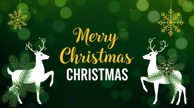 Elegant merry christmas greeting with reindeer and snowflakes on green background - Powered by Adobe