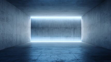 Illuminated concrete room showcasing modern minimalism with blue LED lights. Perfect for architecture, interior design, and space concepts. Clean lines & light!