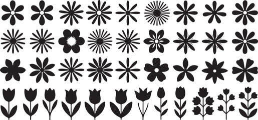 Collection of black and white stylized floral silhouettes including starburst flowers and simple tulip shapes for design elements