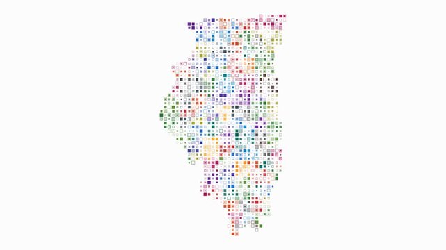 Illinois animated shape. Pulsating colored dots on the map of the state. Small size square blocks. Digital style Illinois map on white background. Modern animation video.