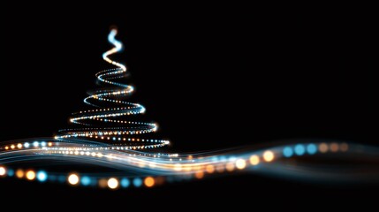 Abstract holiday scene. Glowing light trails form a spiral tree against a dark backdrop, creating a festive and magical atmosphere, with a trail of lights along the bottom.