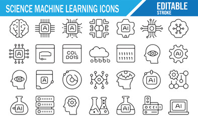 Line Art Science and Machine Learning Icons Set Featuring AI Symbols, Neural Networks, Data Processing, Algorithms, Cloud Computing, Robotics, Analytics, and Technology Elements
