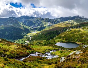 Landscape view of green mountain terrain with small lakes, winding stream, and cloudy sky
