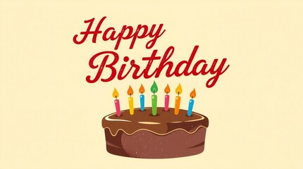 Chocolate birthday cake with colorful candles and happy birthday text