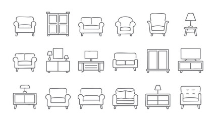 Modern minimal furniture icon collection featuring sofas, chairs, cabinets, decor elements, home interior symbols, and stylish outline household illustrations