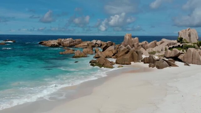 Luxury resort video of Seychelles tropical 
paradise islands in Indian Ocean with sandy 
beach, granite stones. Beautiful  
coral reef, azure ocean, sky with clouds 
on horizon.