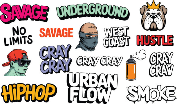 Graffiti art collection with urban slang and bulldog character