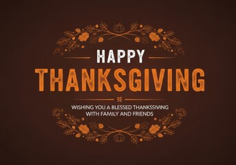 A stylized happy thanksgiving greeting featuring ornate floral and leaf motifs framing the text, wishing a blessed holiday with family and friends