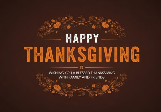 A stylized happy thanksgiving greeting featuring ornate floral and leaf motifs framing the text, wishing a blessed holiday with family and friends