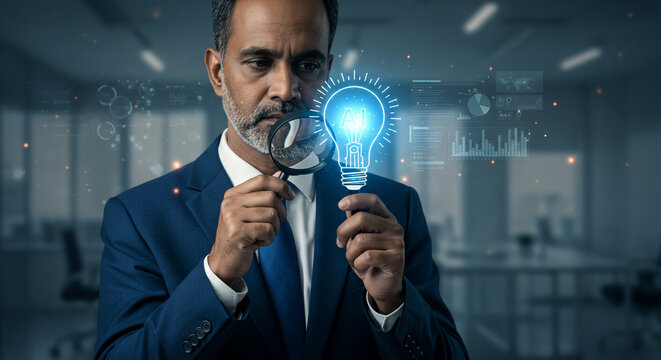 Focused businessman examines glowing AI lightbulb with magnifying glass, visualizing innovative data insights in modern office