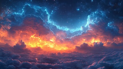 Fototapeta premium Bright clouds shimmer with hues of orange and blue as the sun sets over the horizon