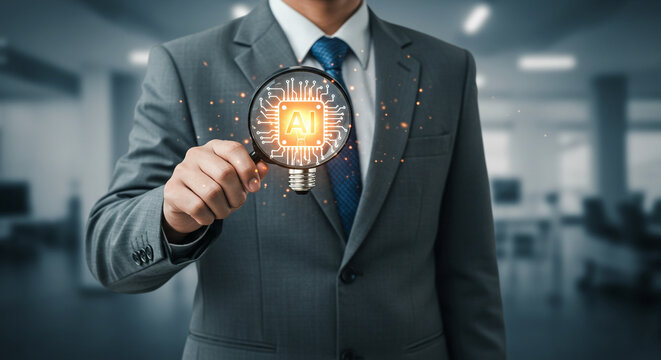 Professional businessman examining glowing AI chip inside lightbulb with magnifying glass, symbolizing innovation and future technology concepts.