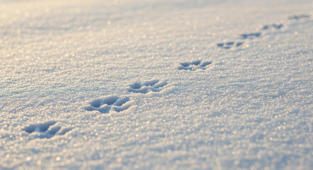 Squirrel pawprints in snow create delicate trail on cold winter day. These tiny squirrel pawprints detail light, fresh powder after a snow fall, with each step clear and defined.